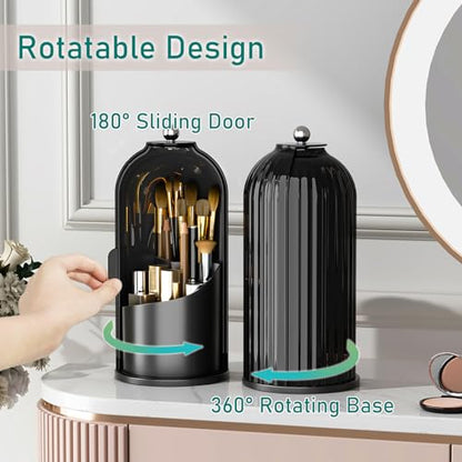 GAXmi Makeup Brush Holder with Lid Rotating Cosmetic Organizer, Dark Black | 360 Rotation, Waterproof, Dustproof, Moistureproof - color: Dark Black