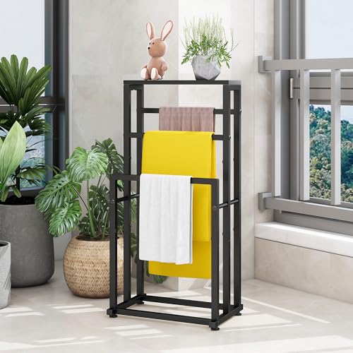 Free Standing Towel Rack for Bathroom, 3 Tier Metal Blanket Rack with Shelf, Blanket Drying and Display Rack for Oversized Bath Towels Bathroom Accessories, Next to Tub or Shower, Black