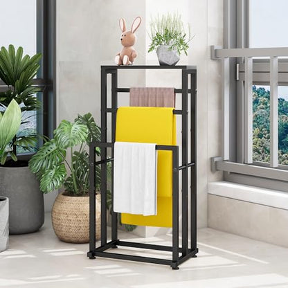 Free Standing Towel Rack for Bathroom, 3 Tier Metal Blanket Rack with Shelf, Blanket Drying and Display Rack for Oversized Bath Towels Bathroom Accessories, Next to Tub or Shower, Black