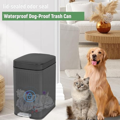 rejomiik Small Bathroom Trash Can with Lid Slim Soft Close Garbage Can Step Wastebasket Container Trash Bin for Office Bedroom Kitchen Living Room (2.6 Gallon Dark Gray) | Garbage Can with Pedal for Office, Bedroom, Kitchen & Living Room, Narrow Plastic W