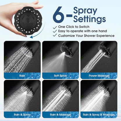High Pressure Boosting Shower Head, ALOHOME 6 Powerful Spray Settings - Perfect for Low Water Pressure Homes, 3.6" Luxury Modern Shower Head with 360° Adjustable Brass Ball Joint - Matte Black - color: Matte Black