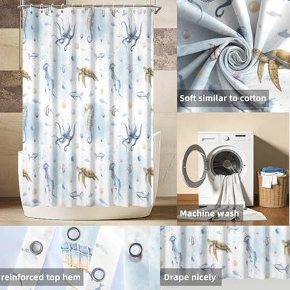 Yeele Ocean Creatures Watercolor Shower Curtain, Turtle Octopus Blue Print Shower Curtain, Waterproof Machine Washable Fabric Bath Curtain 60x72 Inch with Grommets and Hooks - color: Blue 1, size: 60"Wx72"L
