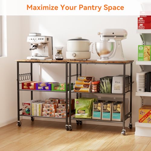NTE Rolling Kitchen Microwave Cart, 3 Tier Microwave Stand with Storage, Small Kitchen Island on Wheels, Kitchen Storage Cart with 6 Hooks for Kitchen, Coffee Bar, Living Room, Balcony - color: Black