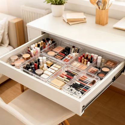 16 PCS Extendable Drawer Organizer Set Clear Stackable Vanity Storage Bins | 2-Size BPA-Free Acrylic Trays, Non-Slip Stackable Boxes for Makeup Cosmetics Office Desk Utensils Bathroom Dresser Countertop