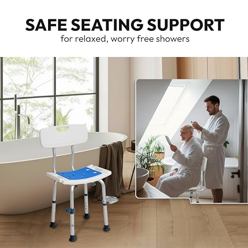 Shower Chair for Inside Shower With Soap box - Height Adjustable Shower Chair for Elderly and Disabled with Removeable Back & Enhanced Non-Slip Feet - Lightweight Aluminum Construction - Blue
