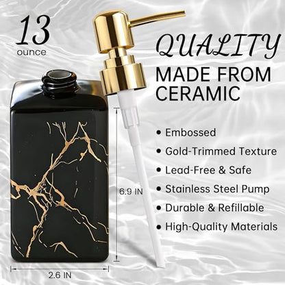 Black Ceramic Soap Dispenser with Gold Stripes, Refillable Hand Soap Dispenser for Bathroom Countertop & Kitchen Sink, Modern Square Lotion Pump Bottle for Dish Soap, Hand Soap & Lotion, 10oz - color: Black Gold