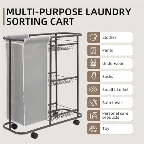 Rolling Laundry Sorter with 3 Storage Baskets and 45 L Bag, 3-Tier Laundry Caddy Between Washer and Dryer,Laundry Room Organization with Wheels and Handle for Narrow Space Bathroom Apartment Dorm | 3-Tier Laundry Caddy, Between Washer and Dryer, With Whee