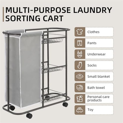 Rolling Laundry Sorter with 3 Storage Baskets and 45 L Bag, 3-Tier Laundry Caddy Between Washer and Dryer,Laundry Room Organization with Wheels and Handle for Narrow Space Bathroom Apartment Dorm | 3-Tier Laundry Caddy, Between Washer and Dryer, With Whee