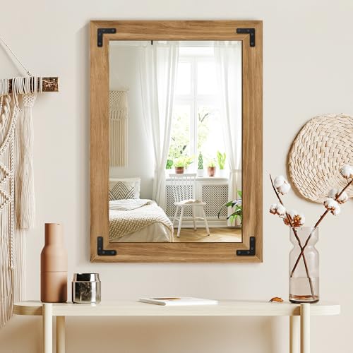 Wood Framed Bathroom Vanity Mirror for Wall, 20"x28" Farmhouse Mirror | Solid Wood Frame, HD Shatterproof Glass, Vertical/Horizontal Hanging, Ideal for Bathroom, Living Room, Bedroom - size: 28"L x 20"W