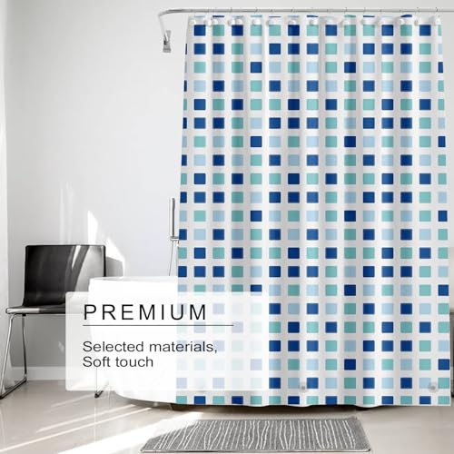 TIKABC Shower Curtain Liner, 4G PEVA Shower Liner, Plastic Waterproof Shower Curtains, 72x72 inch with Grommet Holes 3 Magnetic Weights - color: Blue Green Blocks