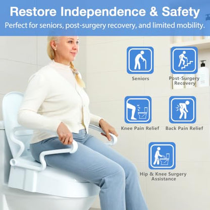 Raised Toilet Seat with Handles for Seniors, 3-Level Height Riser | with Lid, Flip-Up Arms, Fits 15.5"-19" Standard & Elongated Toilets, Secure Rear Lock, Supports 300 lbs, Easy Install