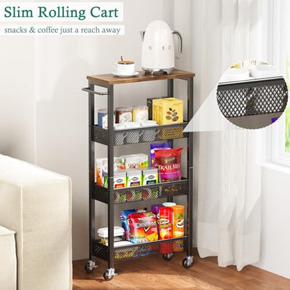 XYZLVSI Utility Slim Storage Cart, 4 Tier Kitchen Narrow Shelf on Wheels | 7.1" W skinny rolling cart with wooden top and metal handle, ideal for bathroom/dorm/office, between washer and dryer storage - size: 16.7"Dx7.1"Wx34"H