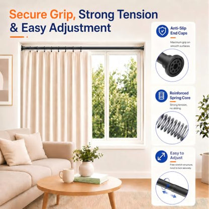 ALLZONE Adjustable Tension Curtain Rod, 2 Pack 42 to 78 Inches, Spring Loaded Curtain Rods No Drilling, Renter Friendly Tension Rod for Windows, Shower, Closet, No Drill, Non-Slip, Black - color: Black, size: 42-78 Inches 2 Pack