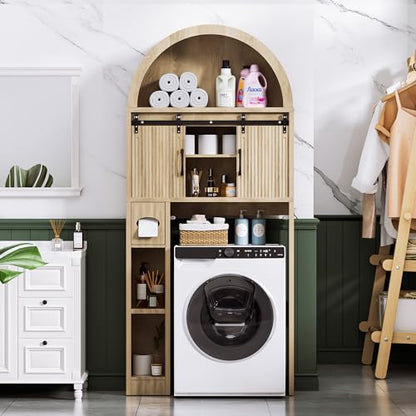 AHB Over The Toilet Storage Cabinet with Sliding Doors, Natural | Arched Cabinet Freestanding Bathroom Organizer Anti-Tip Device Space-Saving Toilet Storage for Bathroom, Laundry