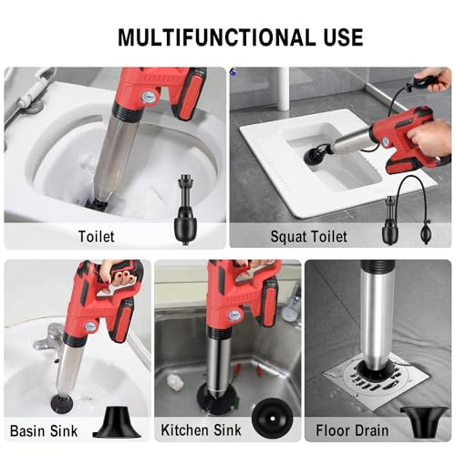 Electric Toilet Plunger with 2 batteries，Drain Clog Remover Tools,High Pressure Air Toilet Plungers Heavy Duty Plunger For Toilet,Bathroom,Floor Drain,Sewer,Pipe，RED - color: 2 Batteries RED