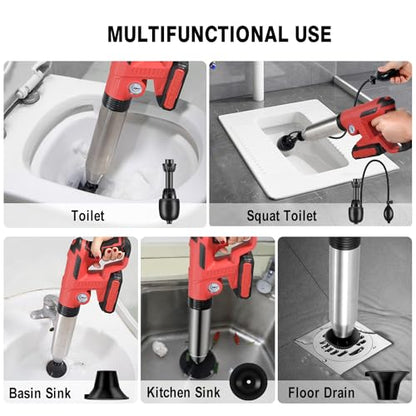 Electric Toilet Plunger，Drain Clog Remover Tools,High Pressure Air Toilet Plungers Heavy Duty Plunger For Toilet,Bathroom,Floor Drain,Sewer,Pipe，RED - color: 1 Battery RED