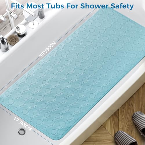 Non-Slip Rubber Bathtub Mat with Suction Cups, 17 × 35 Inch (Blue) | 100% Rubber, Leaf Texture. Vacuum Suction Cups. Soft on Touch. BPA/PVC-Free. Machine Wash. Safe For Bath, Shower, Pet Dogs. - color: Blue, size: 35" x 17" (Rectangular)