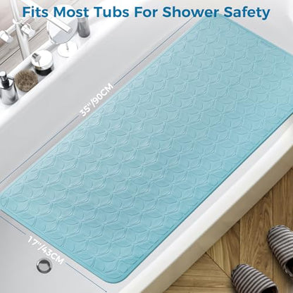 Non-Slip Rubber Bathtub Mat with Suction Cups, 17 × 35 Inch (Blue) | 100% Rubber, Leaf Texture. Vacuum Suction Cups. Soft on Touch. BPA/PVC-Free. Machine Wash. Safe For Bath, Shower, Pet Dogs. - color: Blue, size: 35" x 17" (Rectangular)