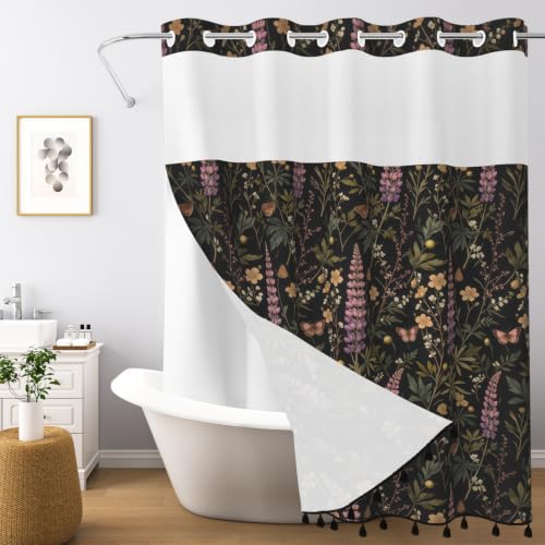 Dark Botanical No Hook Shower Curtain with Snap in Liner & Tassels | Double Layer Waterproof Bath Curtain with Mesh Top, Green Plant & Lavender Floral Design for Boho Farmhouse Bathroom, 71Wx77L - color: Wild Plant