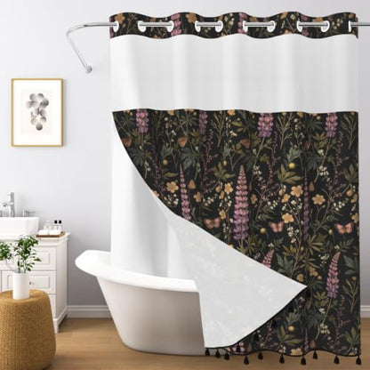 Dark Botanical No Hook Shower Curtain with Snap in Liner & Tassels | Double Layer Waterproof Bath Curtain with Mesh Top, Green Plant & Lavender Floral Design for Boho Farmhouse Bathroom, 71Wx77L - color: Wild Plant