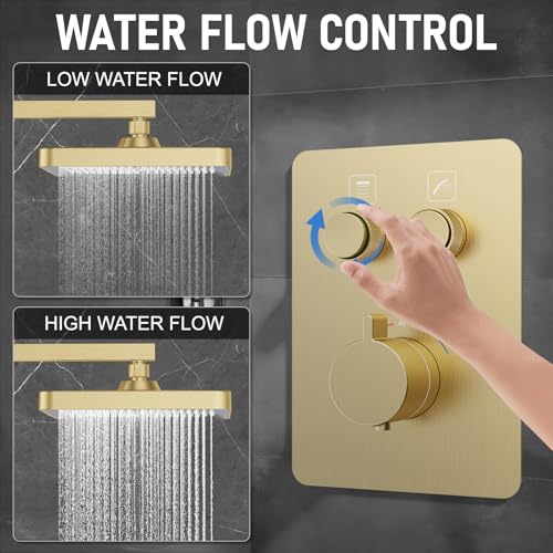 Thermostatic Shower System 13-Inch Rainfall Shower Head - 3 Setting Handheld Sprayer, Complete Bathroom Set with Faucet Mixer Trim Kit & Valve Brushed Gold
