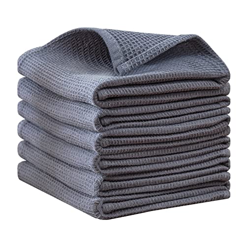 QUILTINA Dish Towels Set, 100% Cotton Waffle Weave Kitchen Towels 6 Pack, 17 x 25 Inches, Super Absorbent for Drying and Cleaning, Dark Grey - color: Dark Grey, size: 17 x 25 - 6 Pack