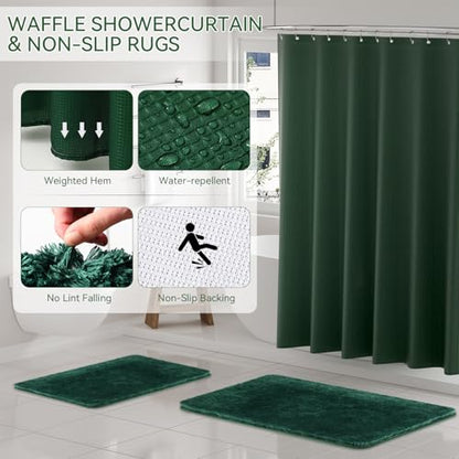 Green Bathroom Set, Dark Green Bathroom Accessories Set with Shower Curtain and Rugs, Bath Towel Sets, Natural Loofah Sponge, Soap Dispenser, Toothbrush Holder, Bathroom Tumbler and Tray for Bathroom - size: Bath Set+Shower Curtain+Rugs+Towel Set+2PCS Loo