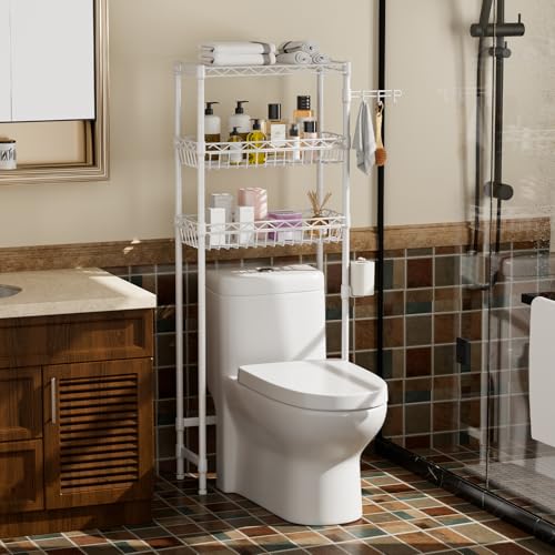 Golpart 3-Tier Over-The-Toilet Storage Shelf,Heavy-Duty Adjustable Bathroom Rack with 2 Mesh Baskets,Toilet Paper Holder & Hooks,Space-Saving Organizer for Bathroom,10”D x 24”W x 66”H,White