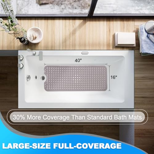Bathtub and Shower Mats, 40x16 Inch Extra Large Non Slip Soft Bath Tub Mat with Suction Cups and Drain Holes for Bathroom Floor and Keep Tubs Clean, Machine Washable, Tan - color: Tan