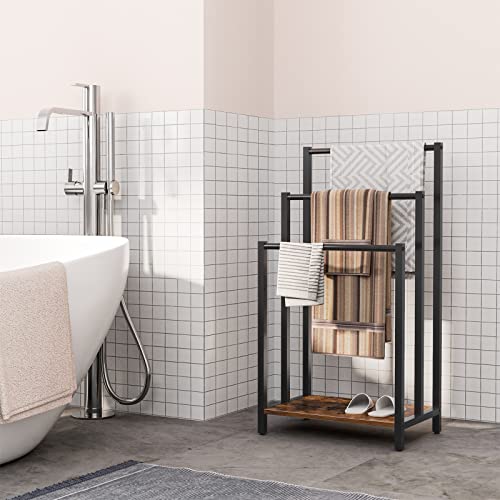 HOOBRO Free Standing Towel Rack, 3 Tier Blanket Rack, Blanket Holder for Bathroom, 16.9" L x 11" W x 31.9" H, Industrial Metal Drying and Display Rack with Shelf, Rustic Brown and Black BF03LB01 - color: Rustic Brown + Black, size: 16.9"L x 11"W x 31.9"H