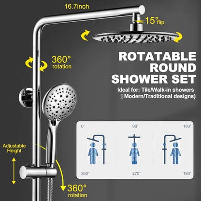 9 Inch Rain Shower Head System with Handheld Spray, Handheld Shower Heads with Multi Spray Modes, Brass Diverter Valve, 360° Swivel Adjustable Rainfall Shower, Chrome Shower Faucet Set for Bathroom - color: Chrome, style: 1.8 Gallons Per Minute-Round