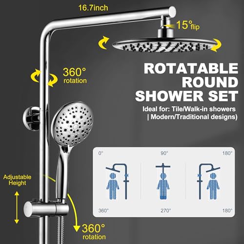 SonTiy 9" Shower Head with Handheld Spray, Rain Shower Heads System, 5 Spray Mode Handheld, Modern Shower System with Easy Reach Diverter, 72'' Hose and Height Adjustable Holder, Chrome - color: Chrome, style: 2.5 Gallons Per Minute-Round