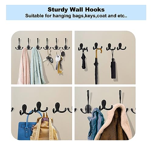 Kruodop 4 Pack Wall Hooks Wall Mounted Coat Hooks for Hanging Heavy Duty, Black Towel Hooks, Metal Double Coat Hanger with Screws Cup Retro for Coats, Handbags, Towels, Hat - color: black4pcs