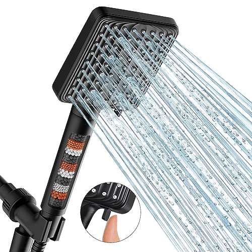 MakeFit Filtered Shower Head Black - 6 Modes High Pressure Handheld Shower Head with Filter Mineral Beads, Detachable Handheld Showerhead Set with Stainless Steel Hose and Shower Arm Bracket - color: Matte Black
