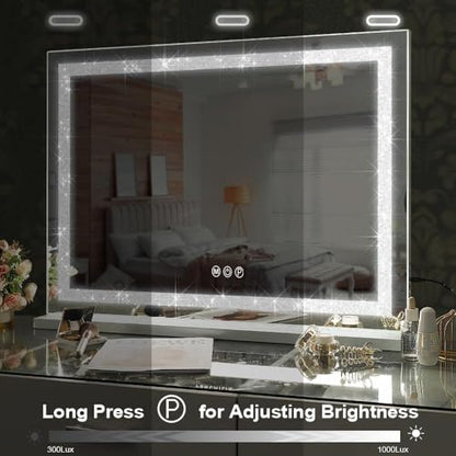 FENCHILIN Vanity Mirror with Lights 32” x 23” Hollywood Makeup Mirror with Light Strip Smart Touch Control 3 Colors Dimmable & 10X Magnification Tabletop White