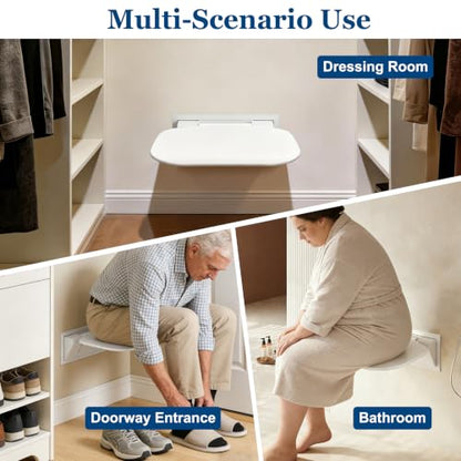 White Folding Shower Seat with Bistable Embedded Bracket | 15.7" Wide Shower Chair,Space-Saving Fold,Waterproof,440lb Capacity,Sturdy and Safety Bench for Adults - color: White