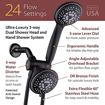High Pressure 24-Function Dual 2-in-1 Handheld Shower Head Combo | With Self-clean Nozzles, 3-way Anti-swivel Water Diverter, and Premium Stainless Steel Hose / Bronze Finish - color: Oil Rubbed Bronze, size: 2.5 Gallon Per Minute
