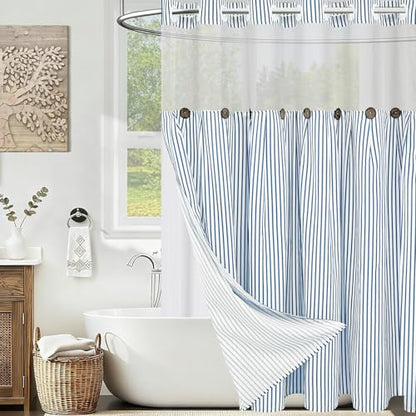 ASPMIZ Farmhouse Striped Shower Curtain and Liner Set No Hook, Blue 71x74 | No Hook Shower Curtain with Snap in Liner Fabric, Rustic Washable Waterproof Bathroom Curtains with Button, Mesh Top Window - color: Blue Striped, size: 71"W x 74"L (Pack of 1), s