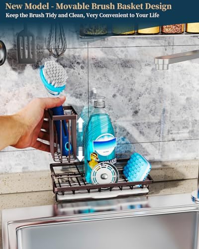 Consumest Sink Caddy Kitchen Organizer, Sponge Holder for Kitchen Sink with Removable Drip Tray for Countertop Dish Soap Holder Dispenser Brush Holder, 304 Stainless Steel - Bronze - color: Bronze