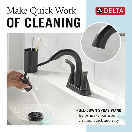 Delta Broadmoor Centerset Matte Black Bathroom Faucet with Sprayer, 4 Inch 3 Hole Bathroom Sink Faucet with Pull Out Sprayer, Push-Pop Drain, Matte Black 25765LF-BLPD - color: Matte Black
