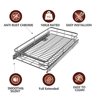 Pull Out Cabinet Organizer 22" W x 21" D, Chrome | Slide Out Kitchen Shelves, Heavy-Gauge Wire Storage Drawer, Ball-Bearing Glides, 100 Lb Capacity, Min 23" Cabinet Opening - size: 22" W x 21" D