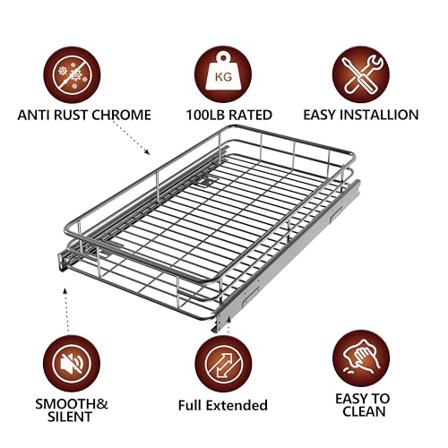 Pull Out Shelves For Kitchen Cabinets 11" W x 21" D, Chrome | Heavy-Gauge Wire Kitchen Cabinet Organizer, 100 lbs Capacity, Ball-Bearing Glides, Min 12" Opening, Under Sink Organizer - size: 11.7" W x 21" D
