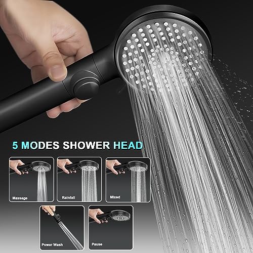 FOCSPROD RV Shower Head with Hose, High Pressure 5 Mode Shower Head Replacement, Handheld Showerhead for RV/Campers, Travel Trailer for Water Saving, Showerheads Holder and Hose, On Off Switch, Black - color: Matte Black