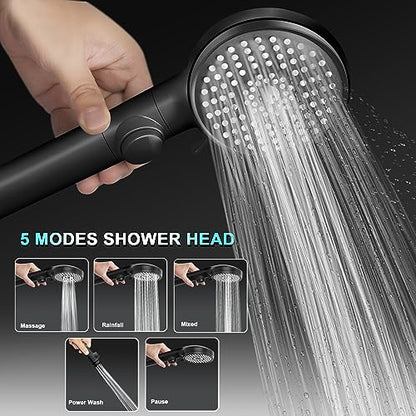 FOCSPROD RV Shower Head with Hose, High Pressure 5 Mode Shower Head Replacement, Handheld Showerhead for RV/Campers, Travel Trailer for Water Saving, Showerheads Holder and Hose, On Off Switch, Black - color: Matte Black