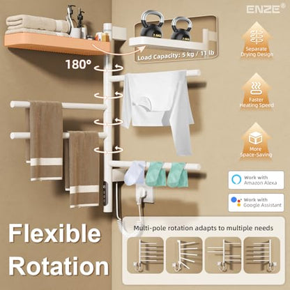 ENZE Smart Rotating Heated Towel Rack, 4-Bar, White | Wall-Mounted Electric Towel Warmer, Swivel Shelf, Wi-Fi App Control, 24H Timer, Stainless Steel - color: White 17.72"x26.77"