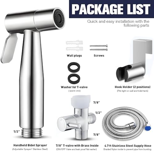 Handheld Bidet Sprayer-Bidet Attachment for Toilet, Premium Stainless Steel | Adjustabel Water Flow, Leak-Free Hose & Brass 7/8" T-valve, Fits Two-Piece Toilet, Feminine/Baby/Muslim Wash, Easy Install - color: Brushed Nickel