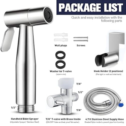 Handheld Bidet Sprayer-Bidet Attachment for Toilet, Premium Stainless Steel | Adjustabel Water Flow, Leak-Free Hose & Brass 7/8" T-valve, Fits Two-Piece Toilet, Feminine/Baby/Muslim Wash, Easy Install - color: Brushed Nickel