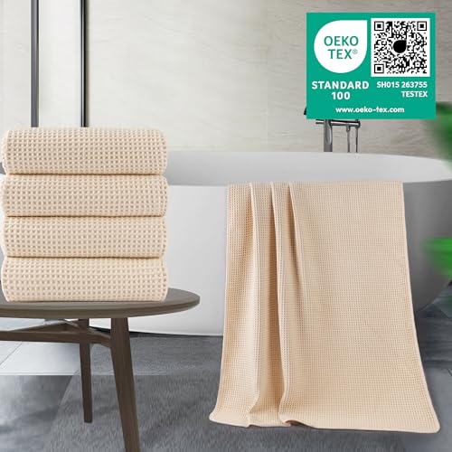 POLYTE 430 GSM Poly Blend Microfiber Quick Dry Waffle Bath Towel, 30x60 in | 4 Pack, Oversize, Lint Free, Body Towel - color: Light Beige