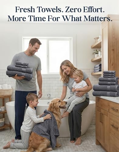 LANE LINEN 100% Cotton Bath Towels Set - 24 PCs - Durable, Quick Dry, Super Soft & Highly Absorbent - 4 Bath, 4 Fingertip, 6 Hand Towels, 8 Washcloths, 2 Bath Sheets - Perfect Family Set - Cool Grey | Towels And Washcloths Sets - Oversized & Roomy, Lightw