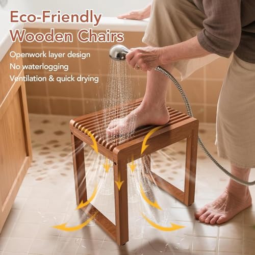 15.7'' Compact Teak Shower Stool, Solid Wood Spa Bench for Walk-In Shower | Waterproof Solid Teak Shower Seat, Shower Foot Rest for Shaving Legs, Bathroom Bench for Inside Shower, Indoor & Outdoor Use - size: Upgraded-Small